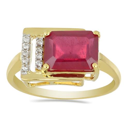 14K GOLD NATURAL GLASS FILLED RUBY GEMSTONE WHITE DIAMOND CLASSIC RING
